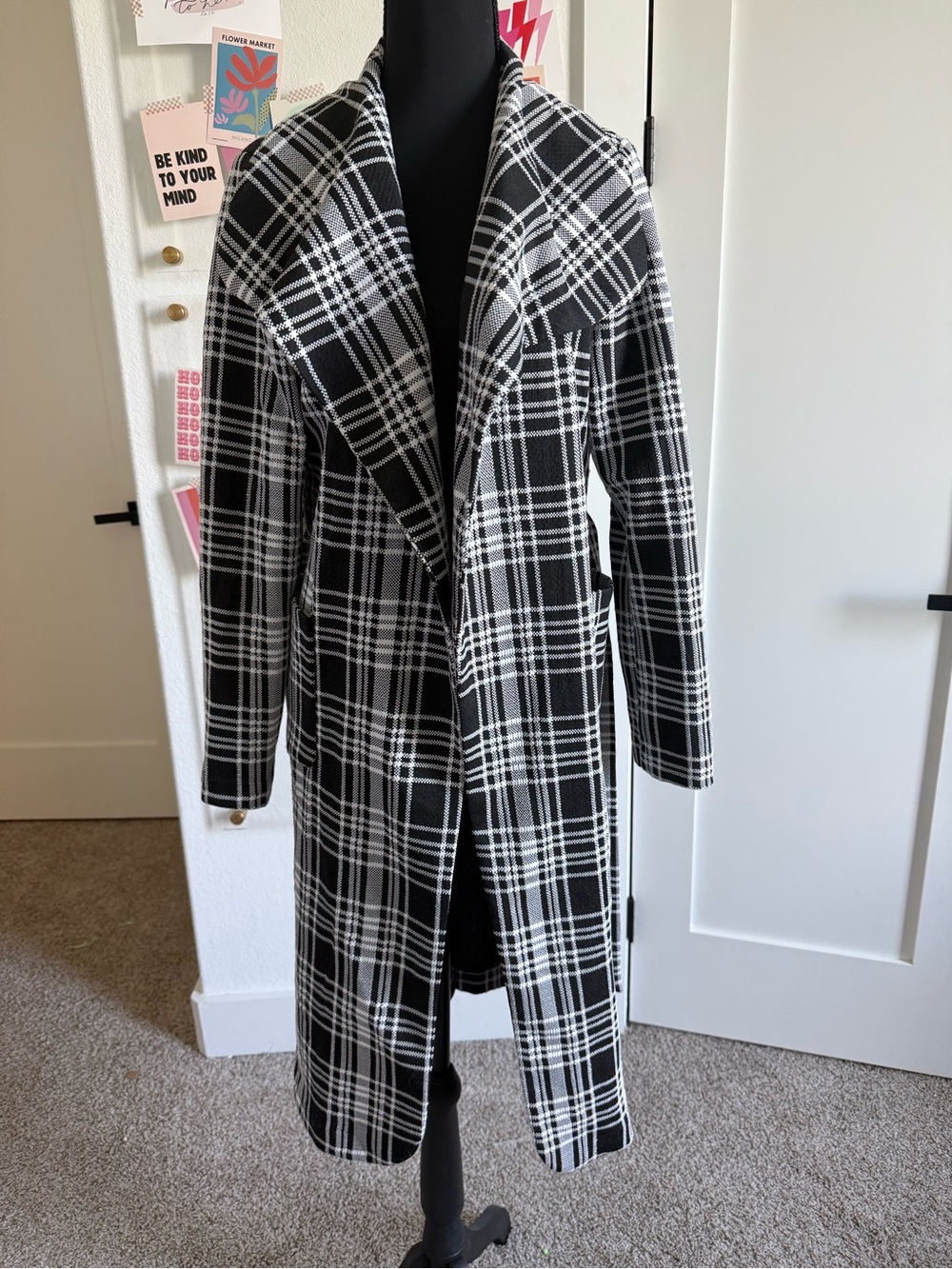 Black & White Plaid Long Open-Front Women's Coat